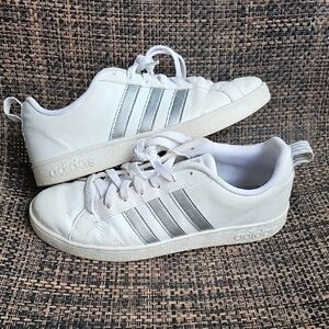 Adidas White Sneakers with Silver Stripes Size 8